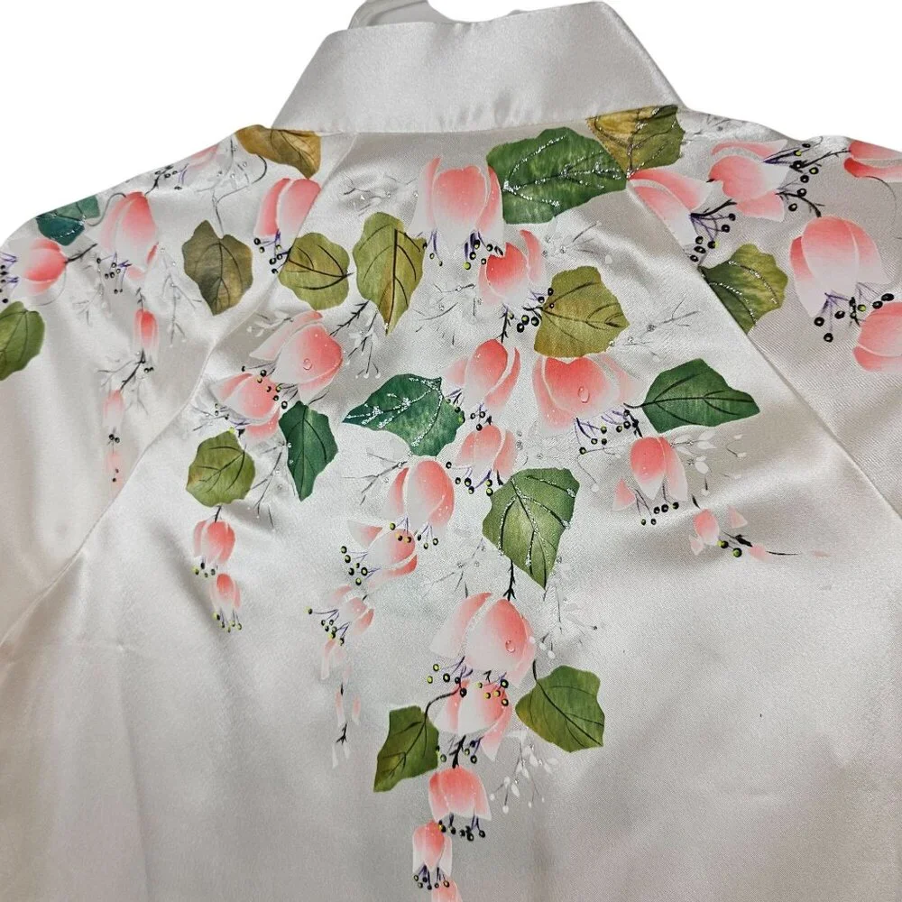 VTG Robe + Pant Sleepwear Set White Satin Floral Soft Loungewear Retro MCM OS